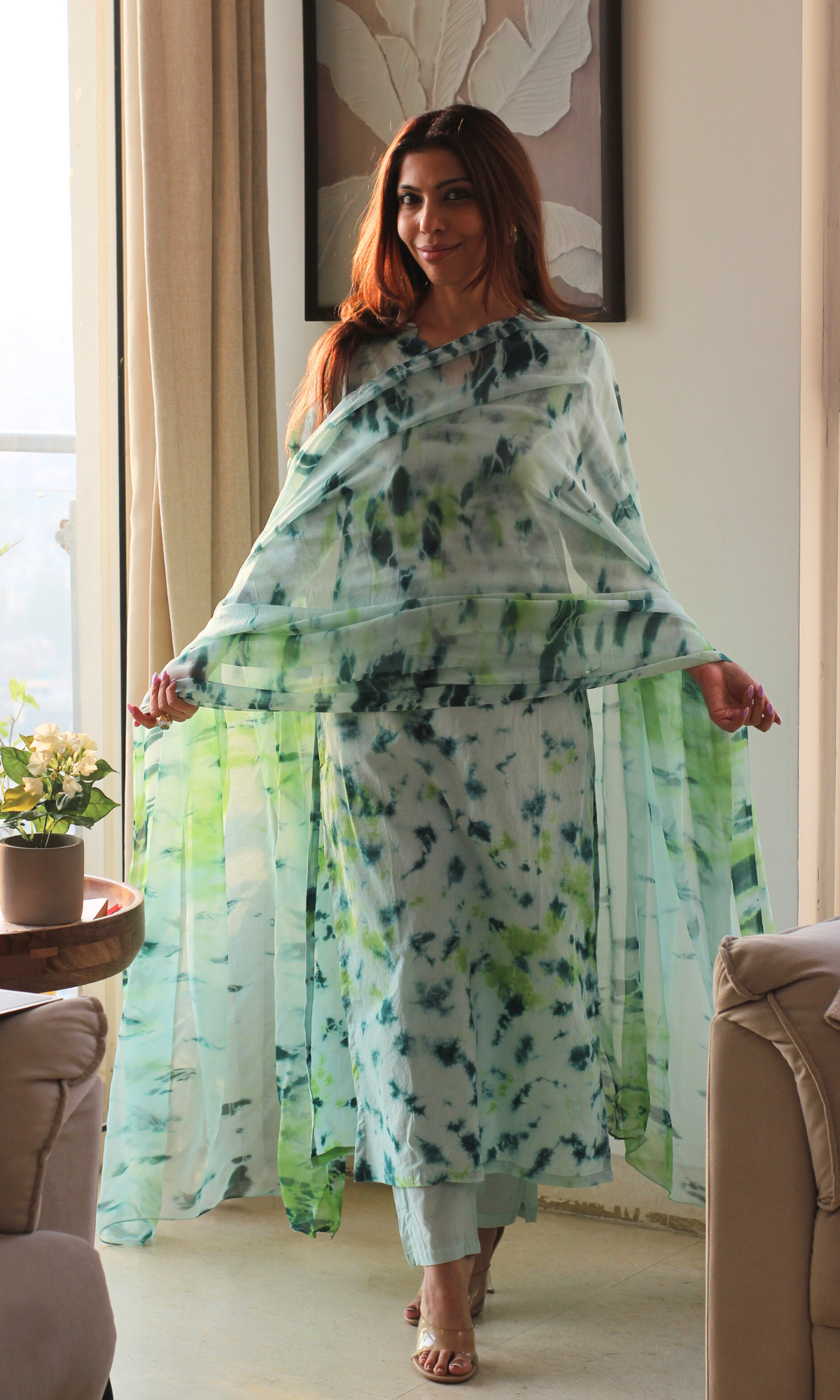 Cotton Aqua Green African Shibori Kurta, Chiffon Dupatta & Cotton Pants