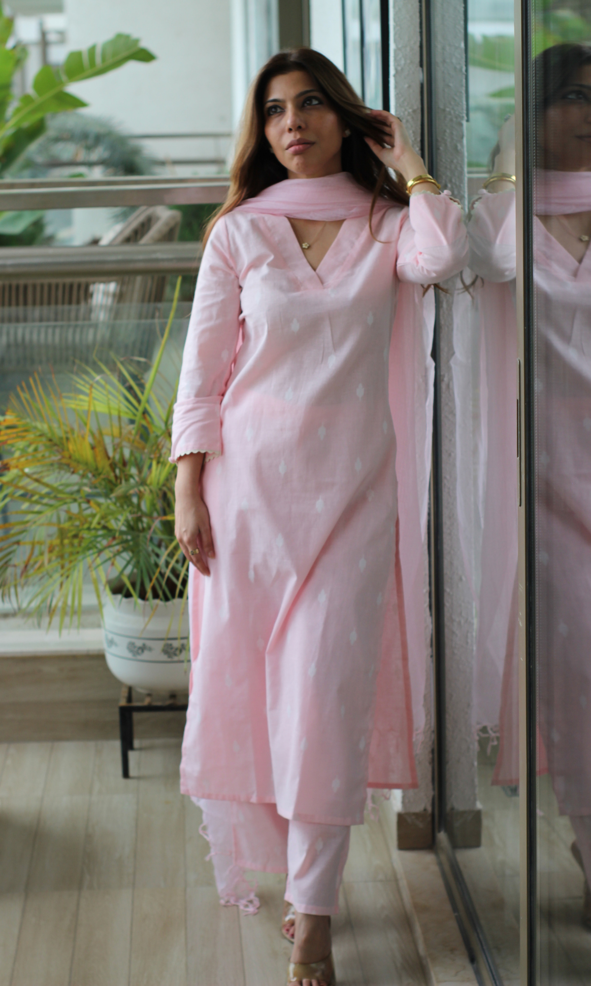 Soft Pink Cotton Dobby Kurta, Pant and Kota Doria Dupatta