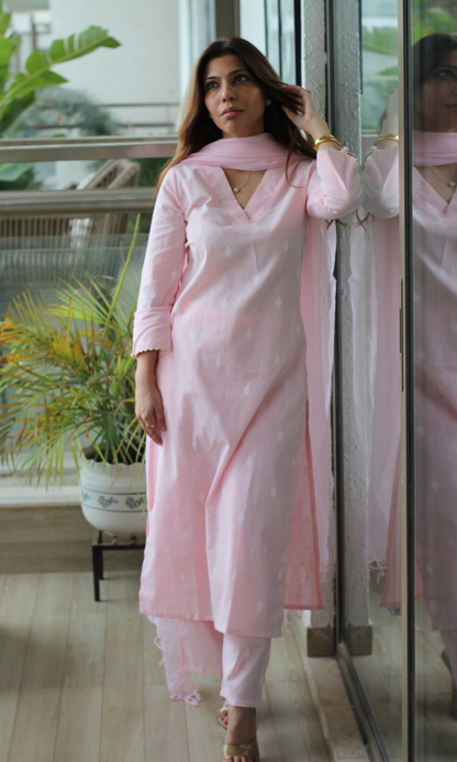 Soft Pink Cotton Dobby Kurta, Pant and Kota Doria Dupatta