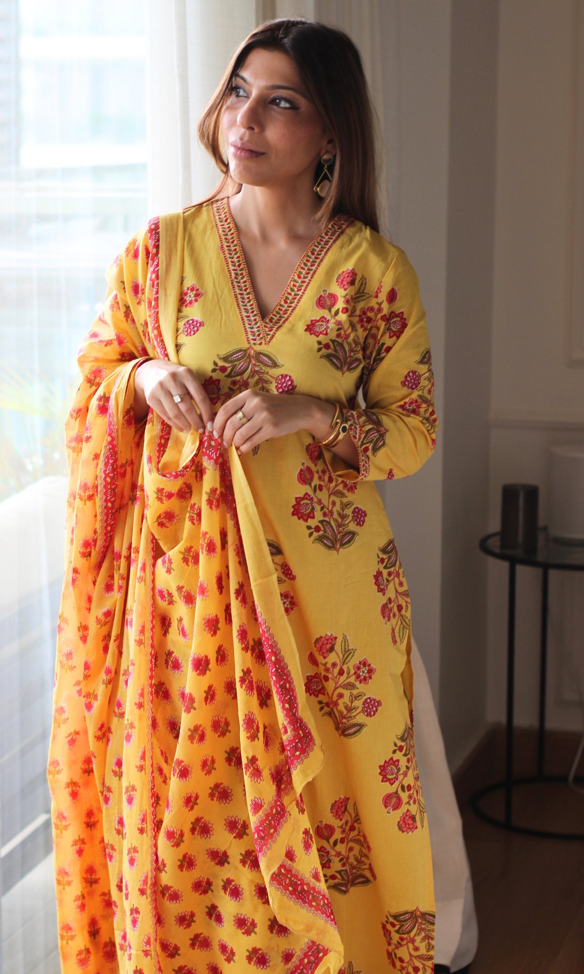 Yellow & Pink Mughal Print Kurta, Cotton Pants & Cotton Printed Dupatta