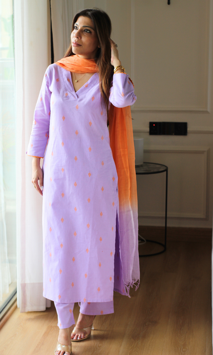 Lavender & Orange Cotton Dobby Kurta, Pant & Kota Doria Dupatta