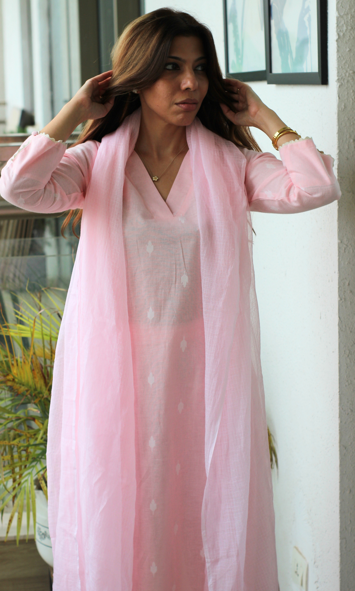 Soft Pink Cotton Dobby Kurta, Pant and Kota Doria Dupatta