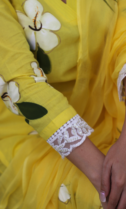 Sunshine Flora Handbrush Painted Kurta, Cotton Pants & Chiffon Handpainted Dupatta