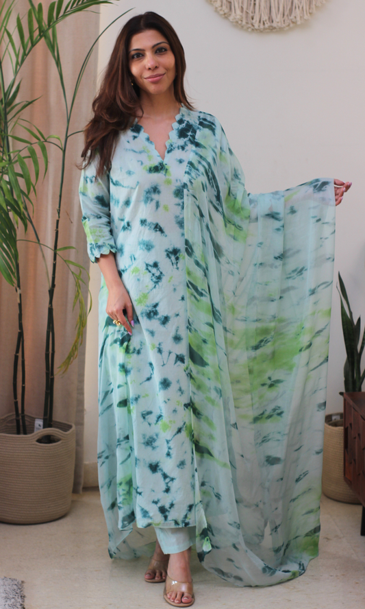 Cotton Aqua Green African Shibori Kurta, Chiffon Dupatta & Cotton Pants