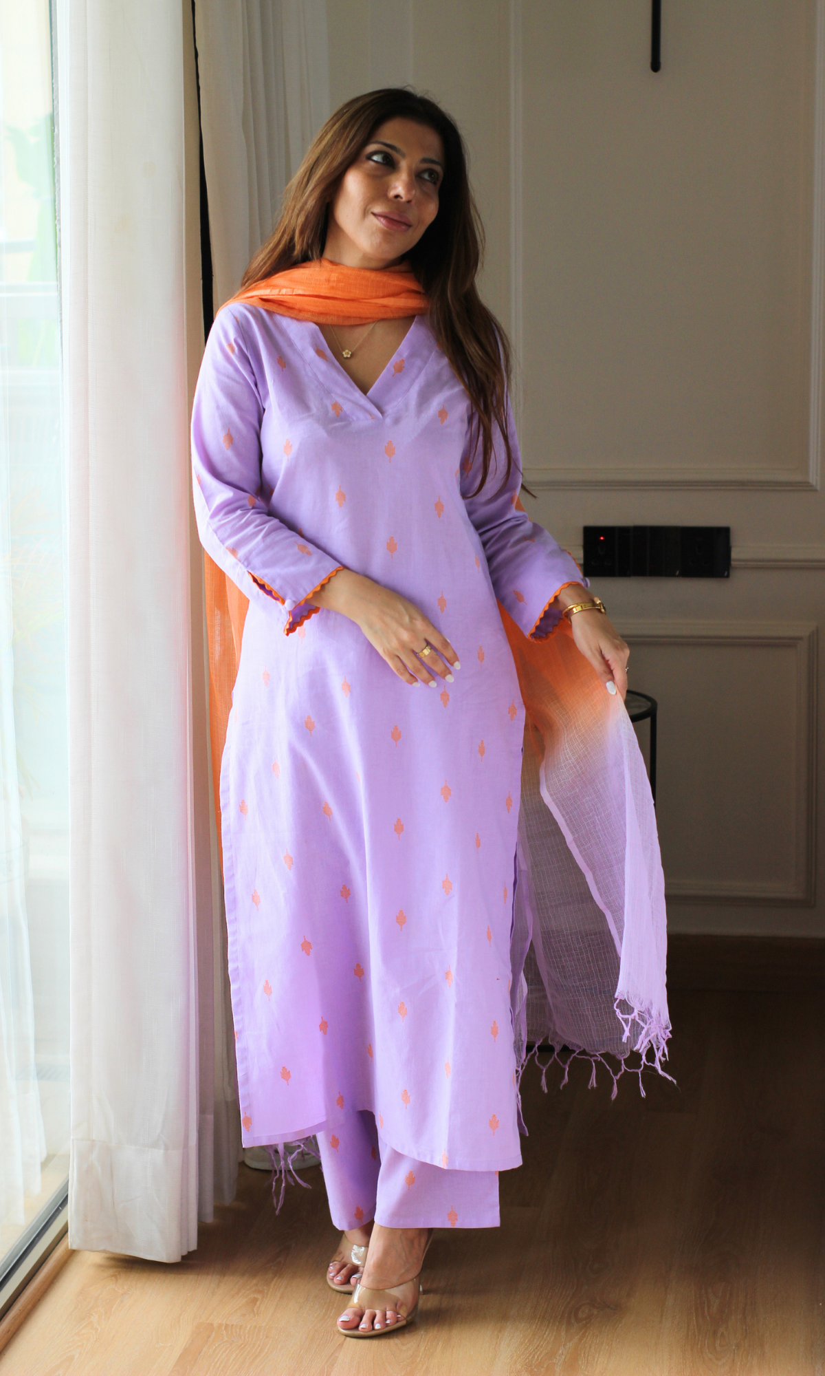Lavender & Orange Cotton Dobby Kurta, Pant & Kota Doria Dupatta