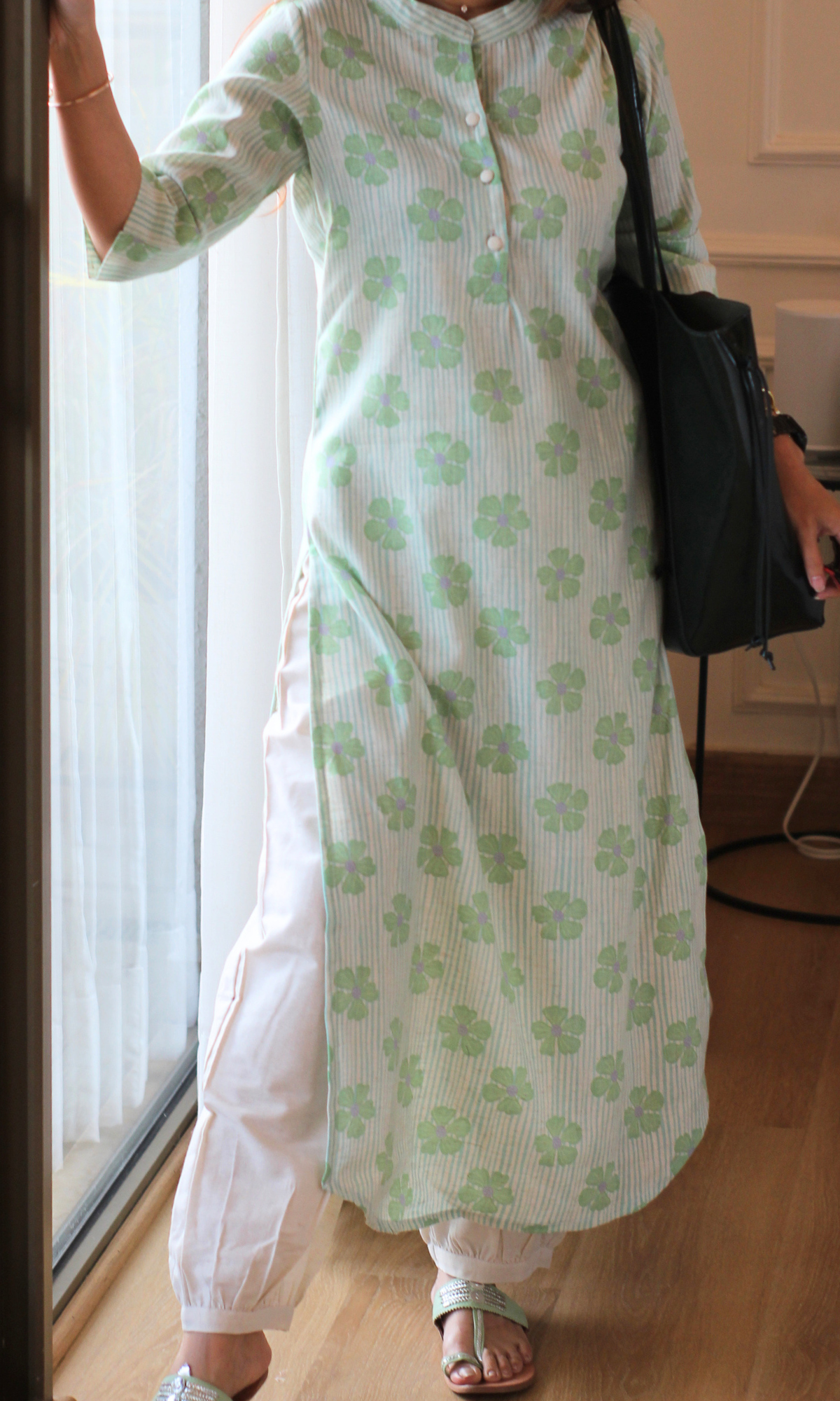 Green Striped Floral Linen Blend Kurta & Pleated Pants
