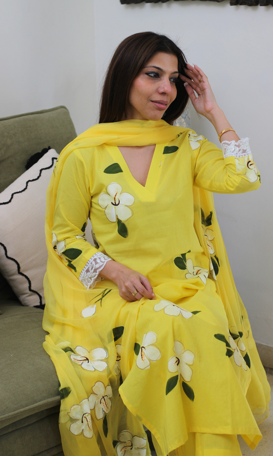 Sunshine Flora Handbrush Painted Kurta, Cotton Pants & Chiffon Handpainted Dupatta