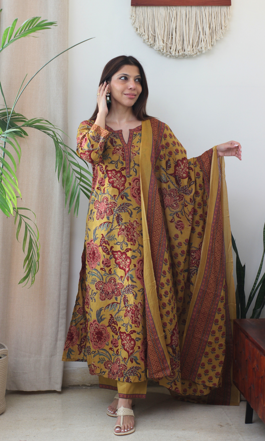 Cotton Mustard & Maroon Printed Kurta, Pant & Cotton Dupatta