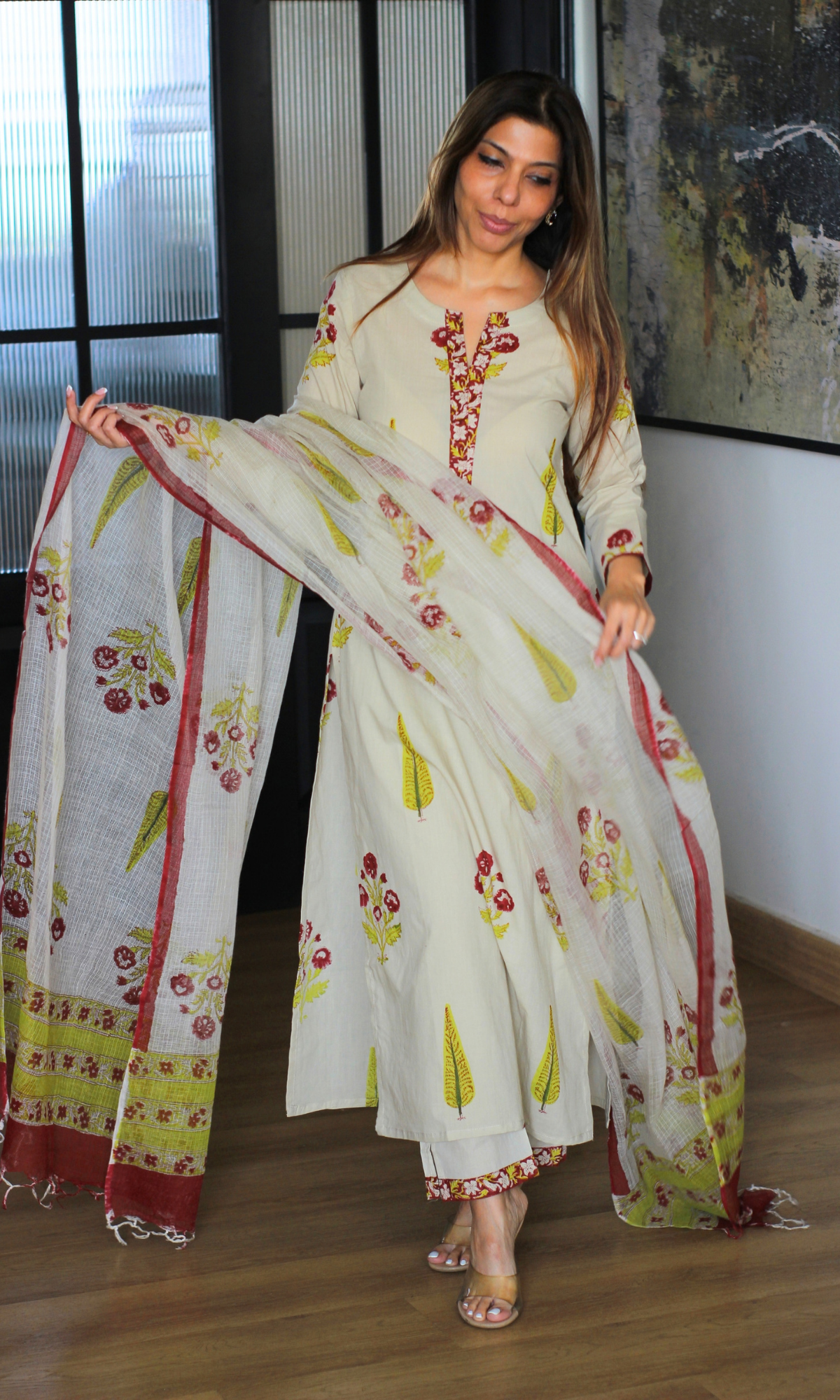 Saira Floracent Handblock Print Kurta, Cotton Pants & Kota Doria Handblock Dupatta