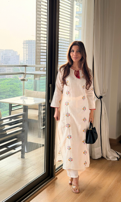 Ivory Red Embroidered Kurta & Pants