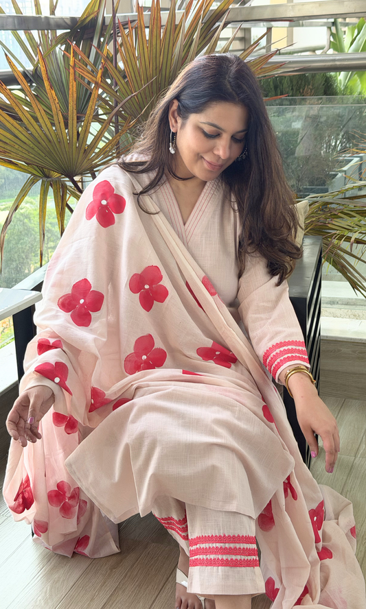 Dusty Pink Slub Kurta , Pant with Cotton Handpainted Dupatta