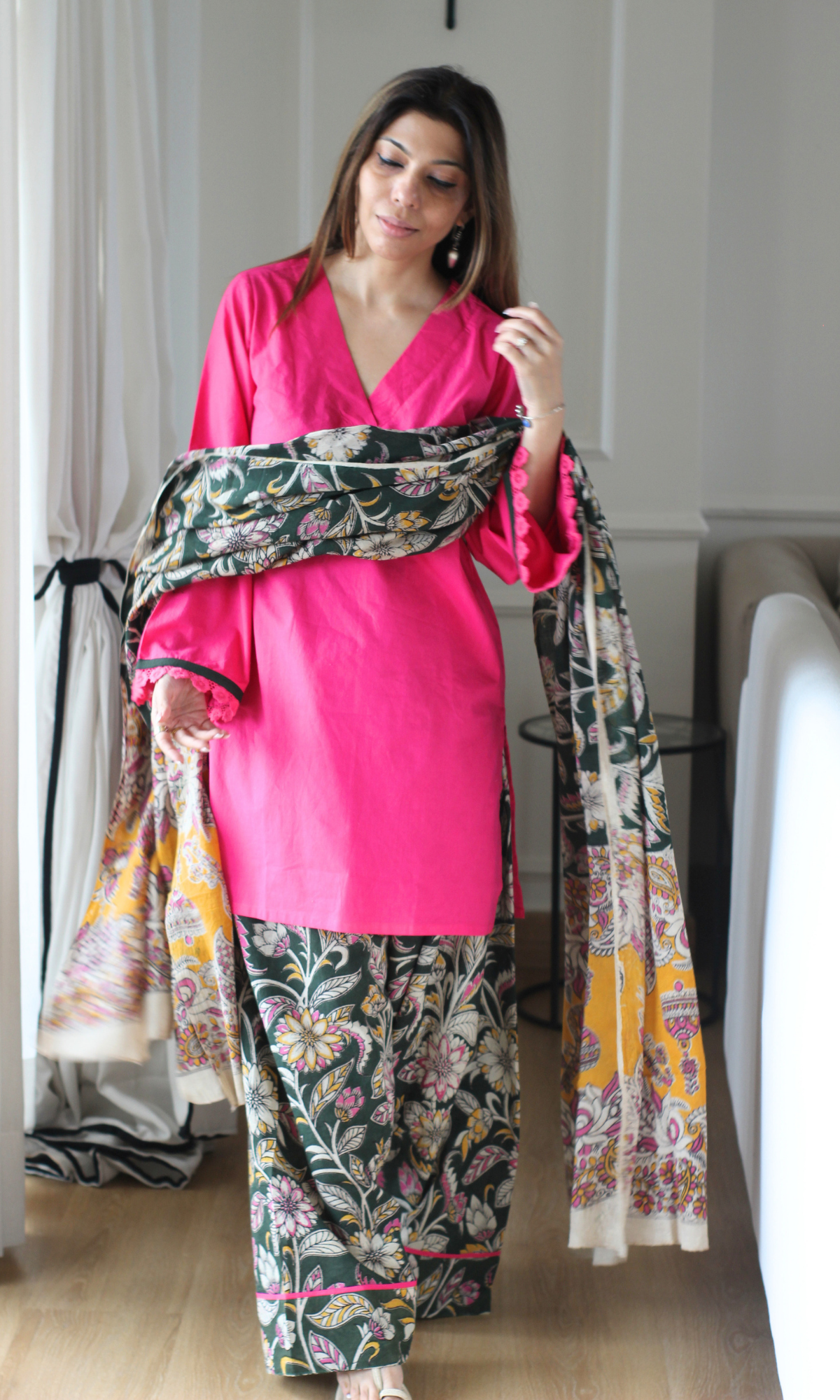 Fuscia Pink Kurta, Handblock Kalamkari Farshi Salwaar & Dupatta