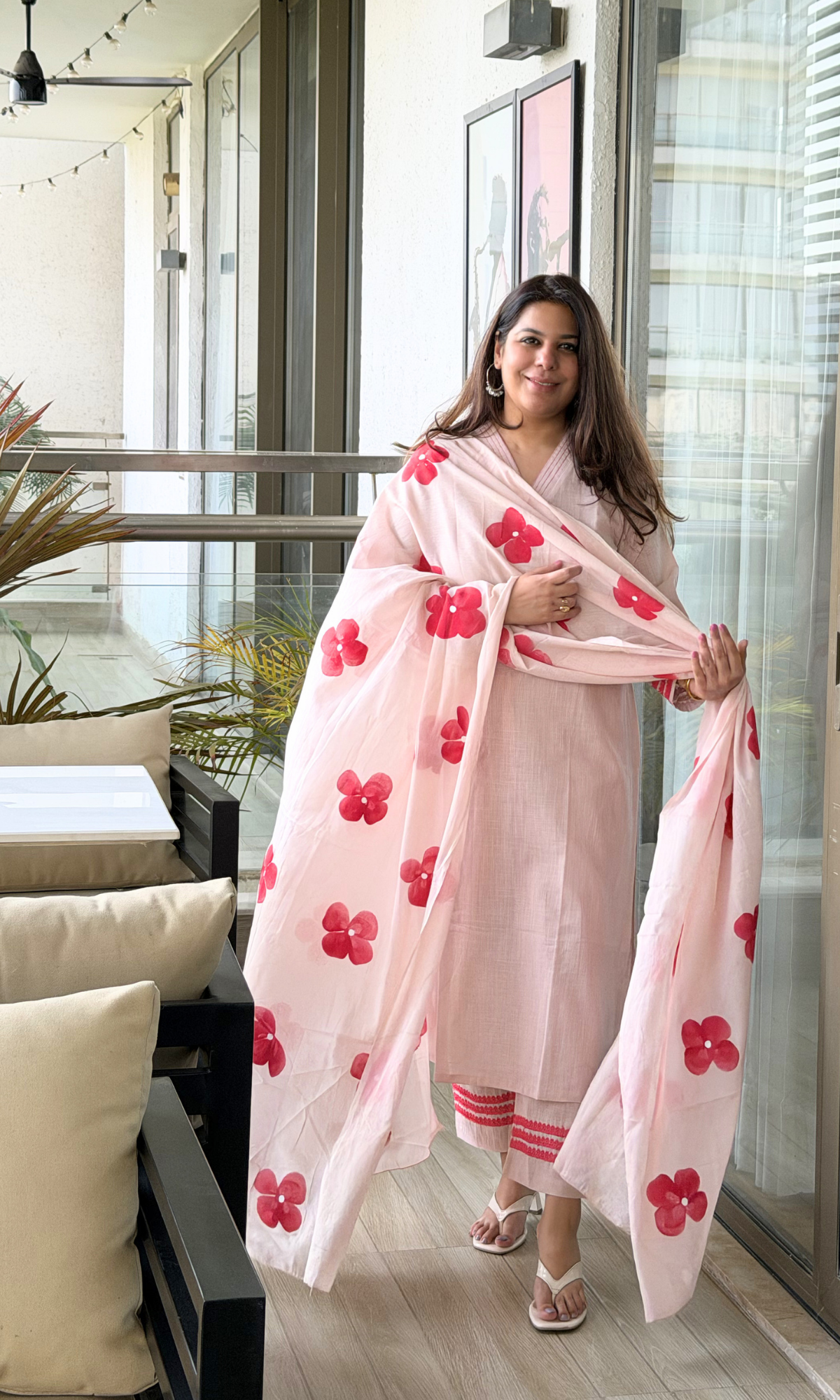 Dusty Pink Slub Kurta , Pant with Cotton Handpainted Dupatta