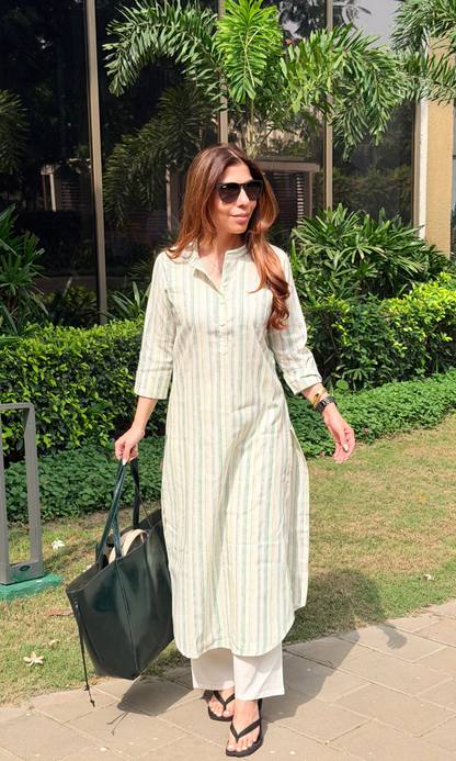Green Striped Handloom Kurta & Cotton Pants