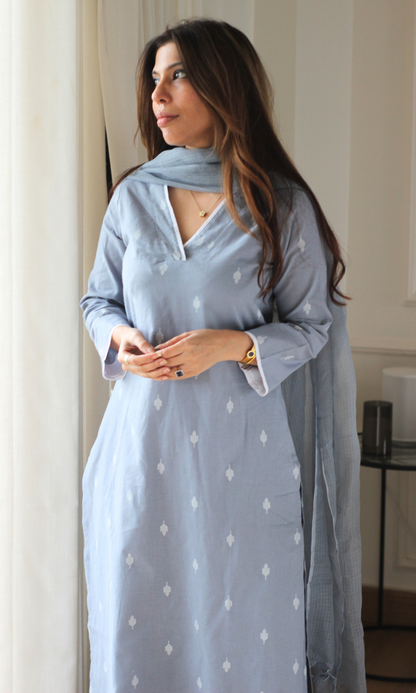 Dusty Steel Cotton Dobby Kurta, Pant and Kota Doria Dupatta