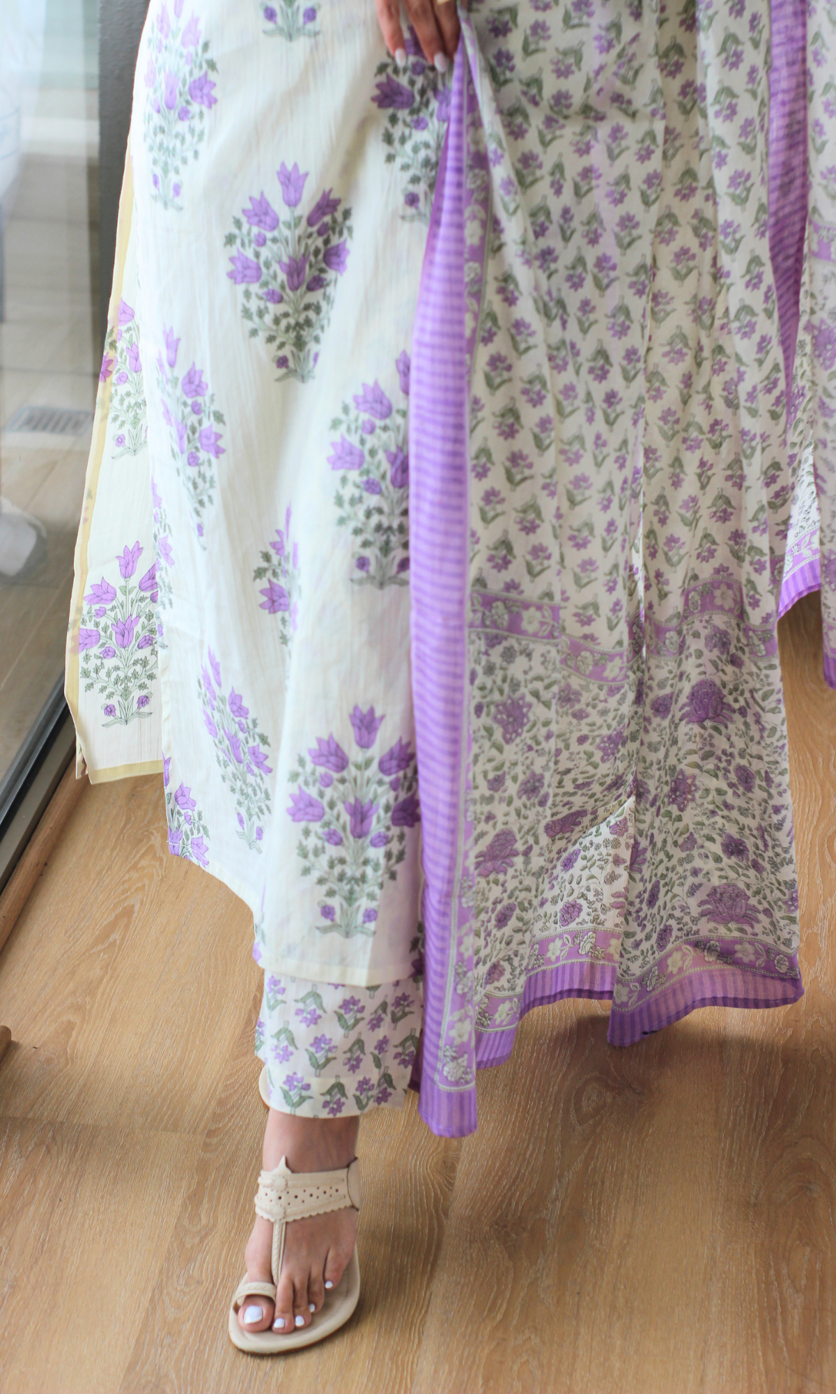 Sakhi Lavender Cotton Pleated Kurta, Printed Pants & Mul Dupatta