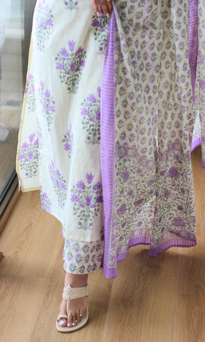 Sakhi Lavender Cotton Pleated Kurta, Printed Pants & Mul Dupatta