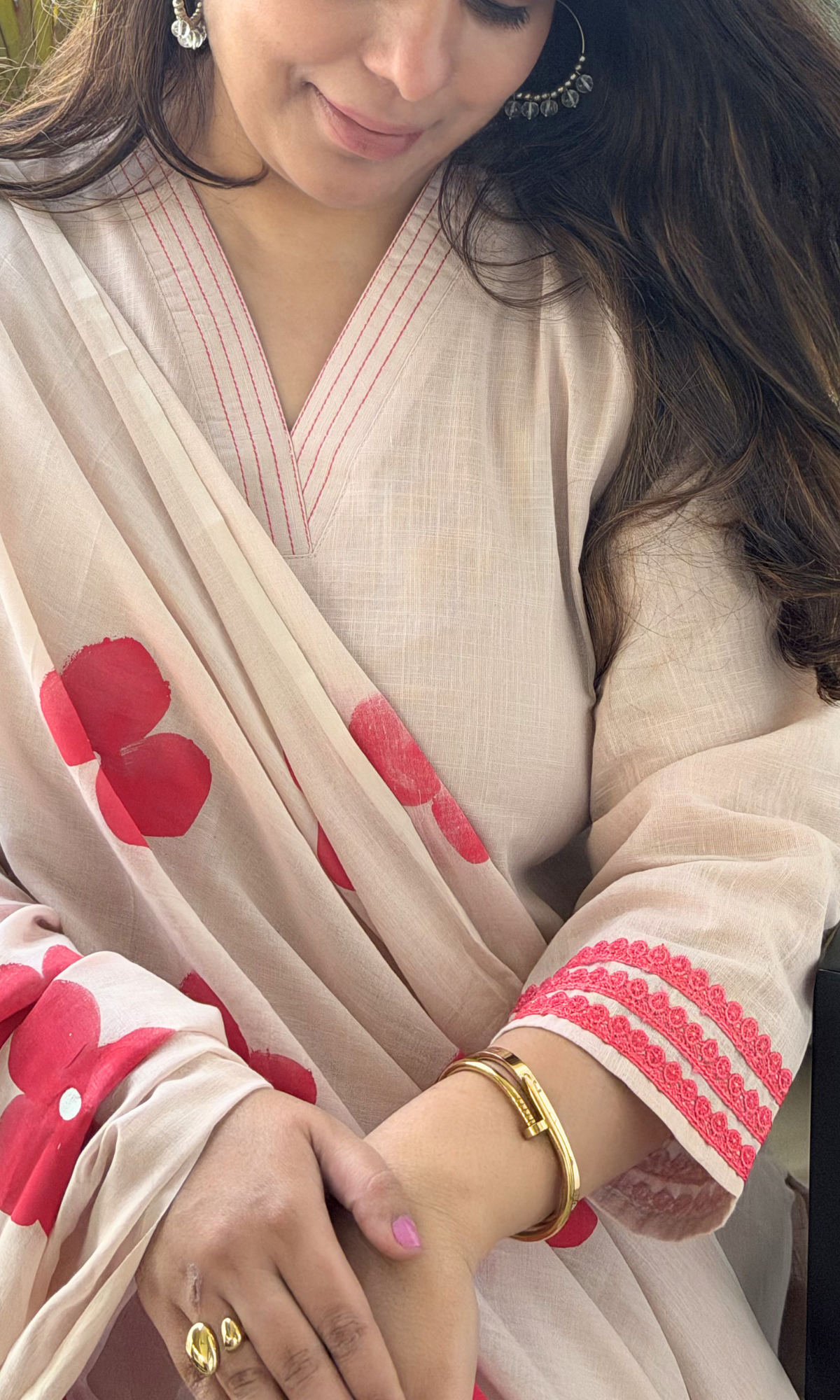 Dusty Pink Slub Kurta , Pant with Cotton Handpainted Dupatta