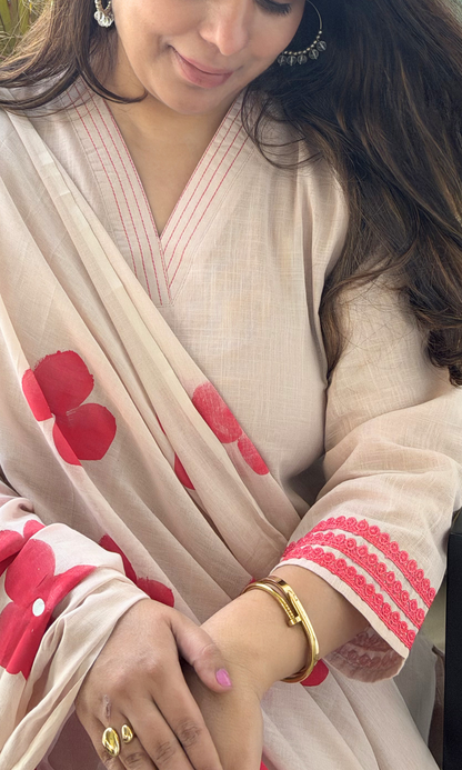 Dusty Pink Slub Kurta , Pant with Cotton Handpainted Dupatta