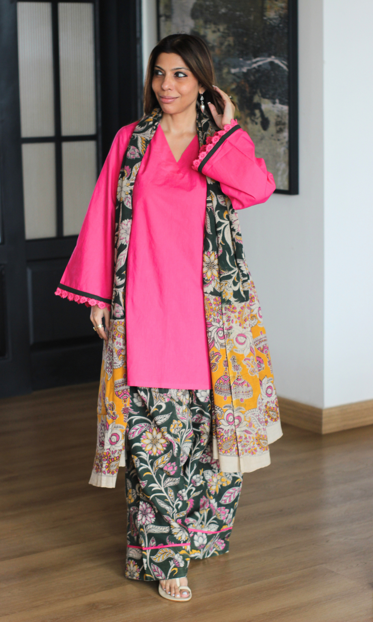 Fuscia Pink Kurta, Handblock Kalamkari Farshi Salwaar & Dupatta