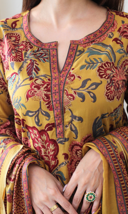 Cotton Mustard & Maroon Printed Kurta, Pant & Cotton Dupatta