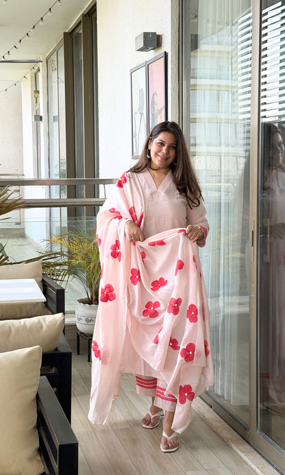 Dusty Pink Slub Kurta , Pant with Cotton Handpainted Dupatta