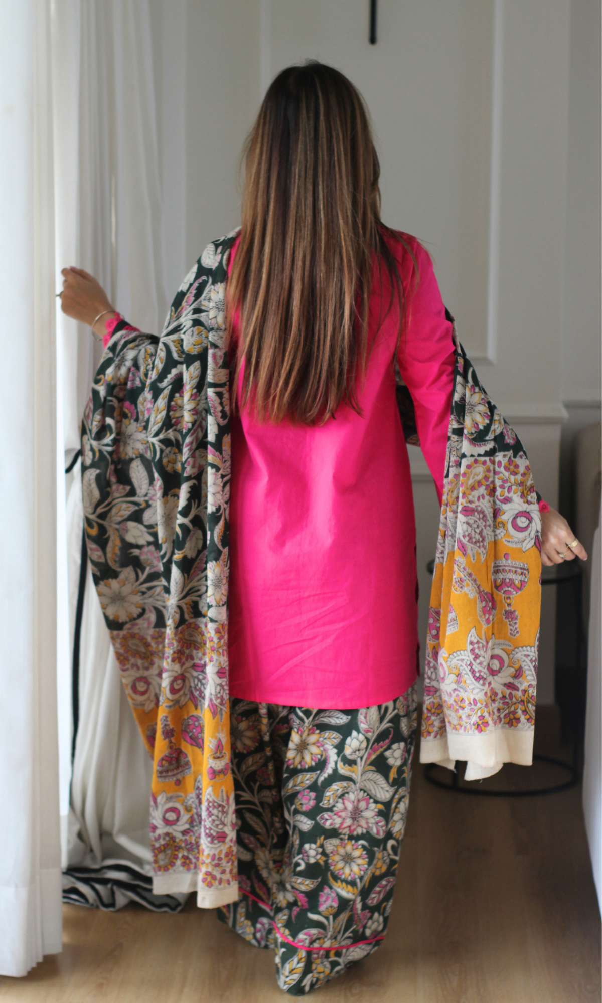 Fuscia Pink Kurta, Handblock Kalamkari Farshi Salwaar & Dupatta