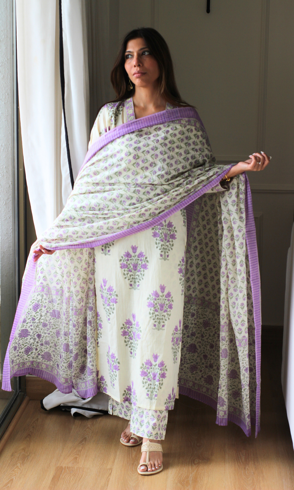 Sakhi Lavender Cotton Pleated Kurta, Printed Pants & Mul Dupatta