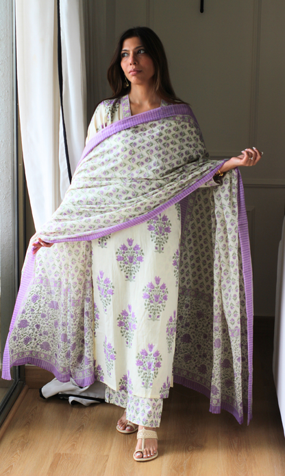 Sakhi Lavender Cotton Pleated Kurta, Printed Pants & Mul Dupatta