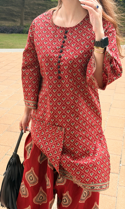 Red Ajrakh Booti Kurta with Farshi