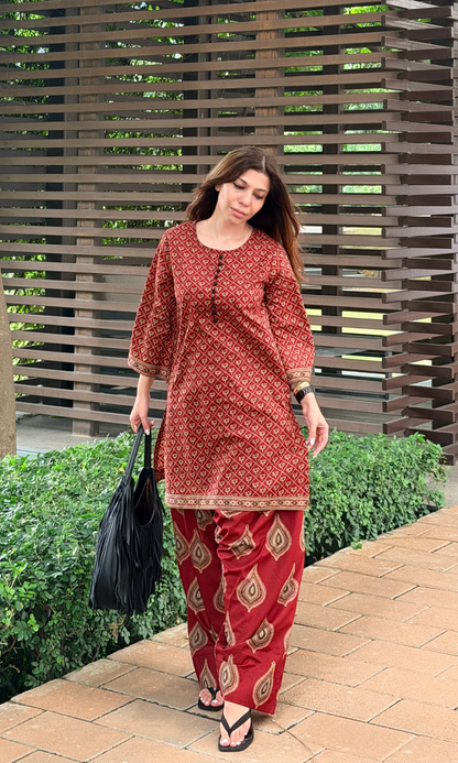 Red Ajrakh Booti Kurta with Farshi