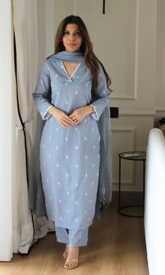 Dusty Steel Cotton Dobby Kurta, Pant and Kota Doria Dupatta
