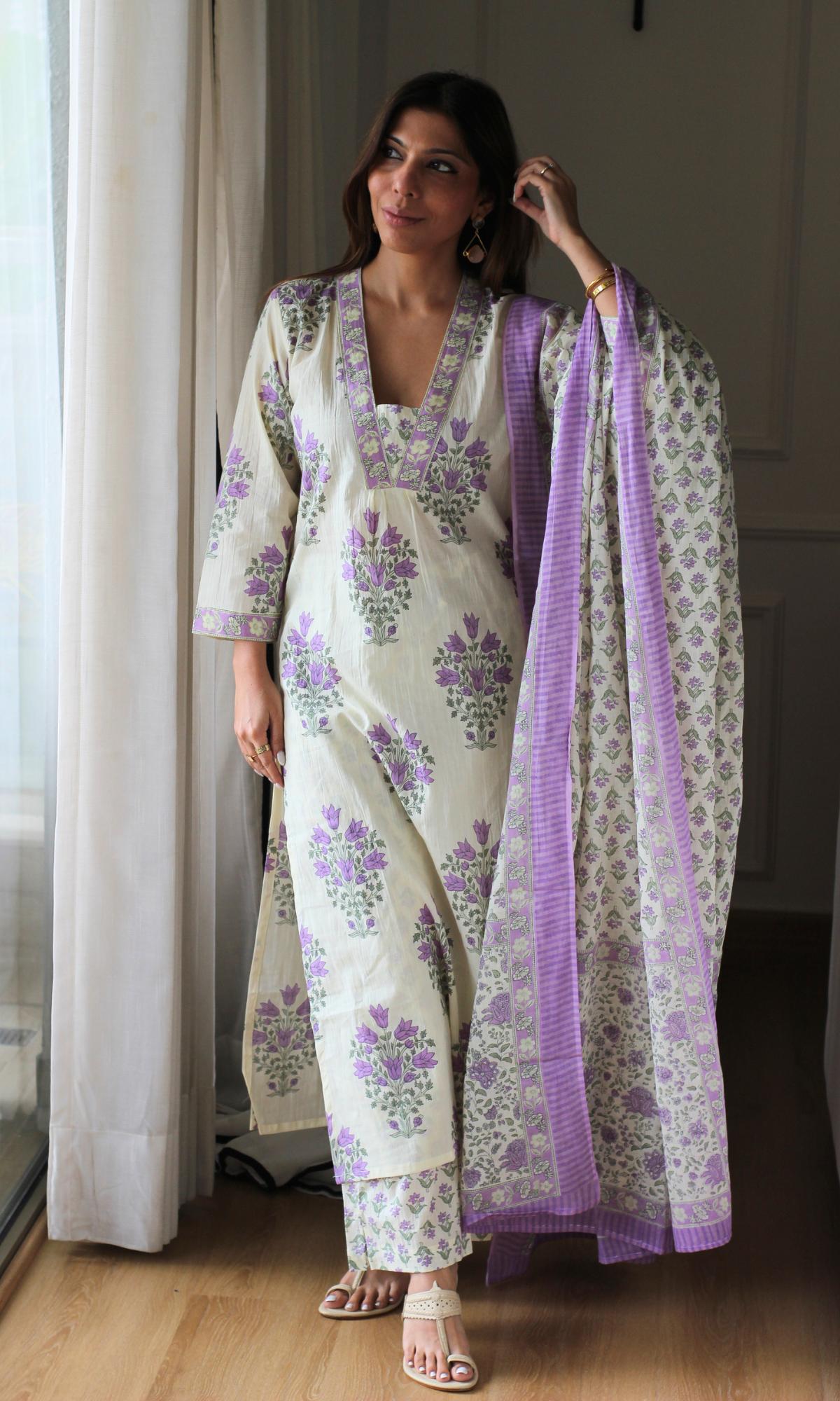 Sakhi Lavender Cotton Pleated Kurta, Printed Pants & Mul Dupatta