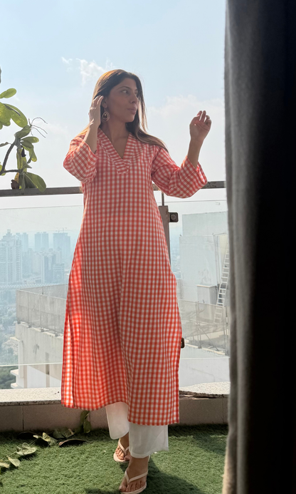 Tangerine Checks Handloom Cotton Kurta & Pants