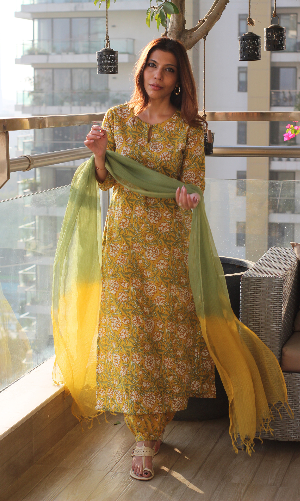 Cotton Yellow & Green Block Printed Kurta , Afghani Salwar and Kota Doria Ombre Dupatta