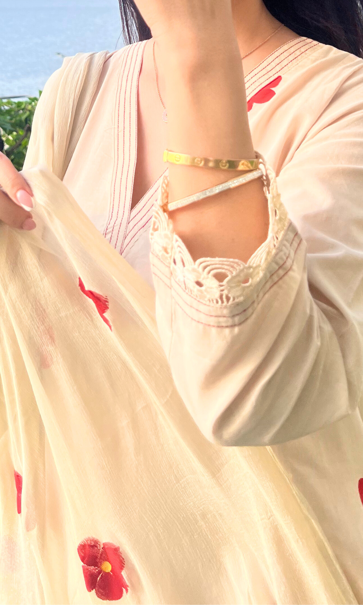 Ivory Floret Handbrush Painted Kali Kurta, Cotton Pants & Handpainted Chiffon Dupatta
