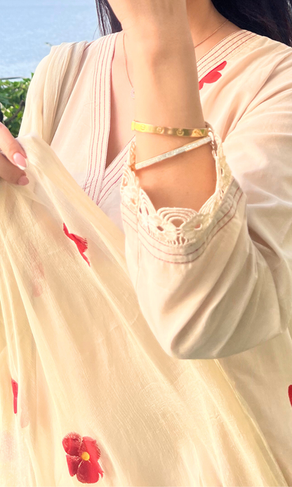 Ivory Floret Handbrush Painted Kali Kurta, Cotton Pants & Handpainted Chiffon Dupatta