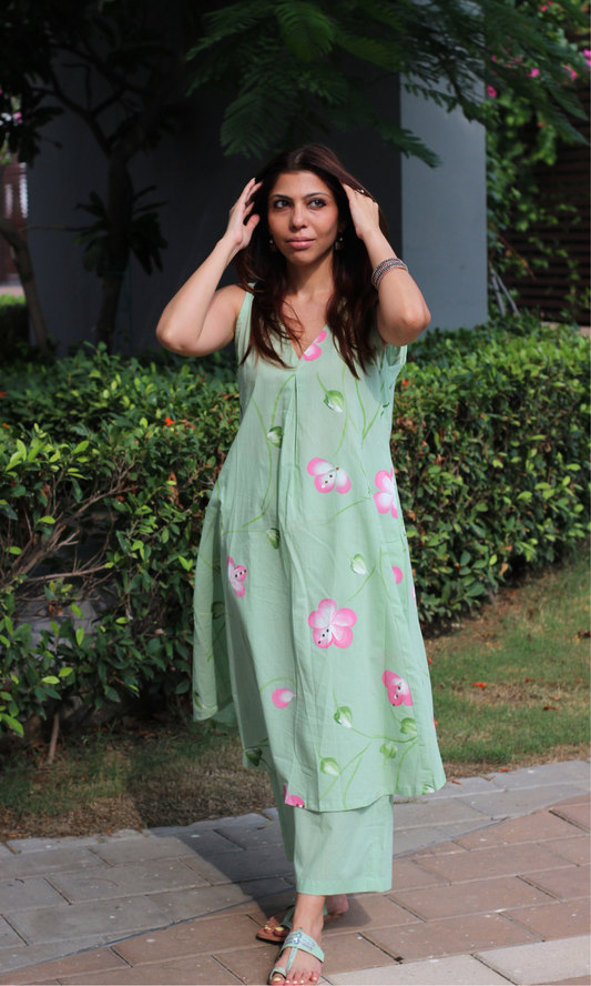 Pastel Green Spring Hand Brush Painted Pleated Kali Kurta & Cotton Culottes