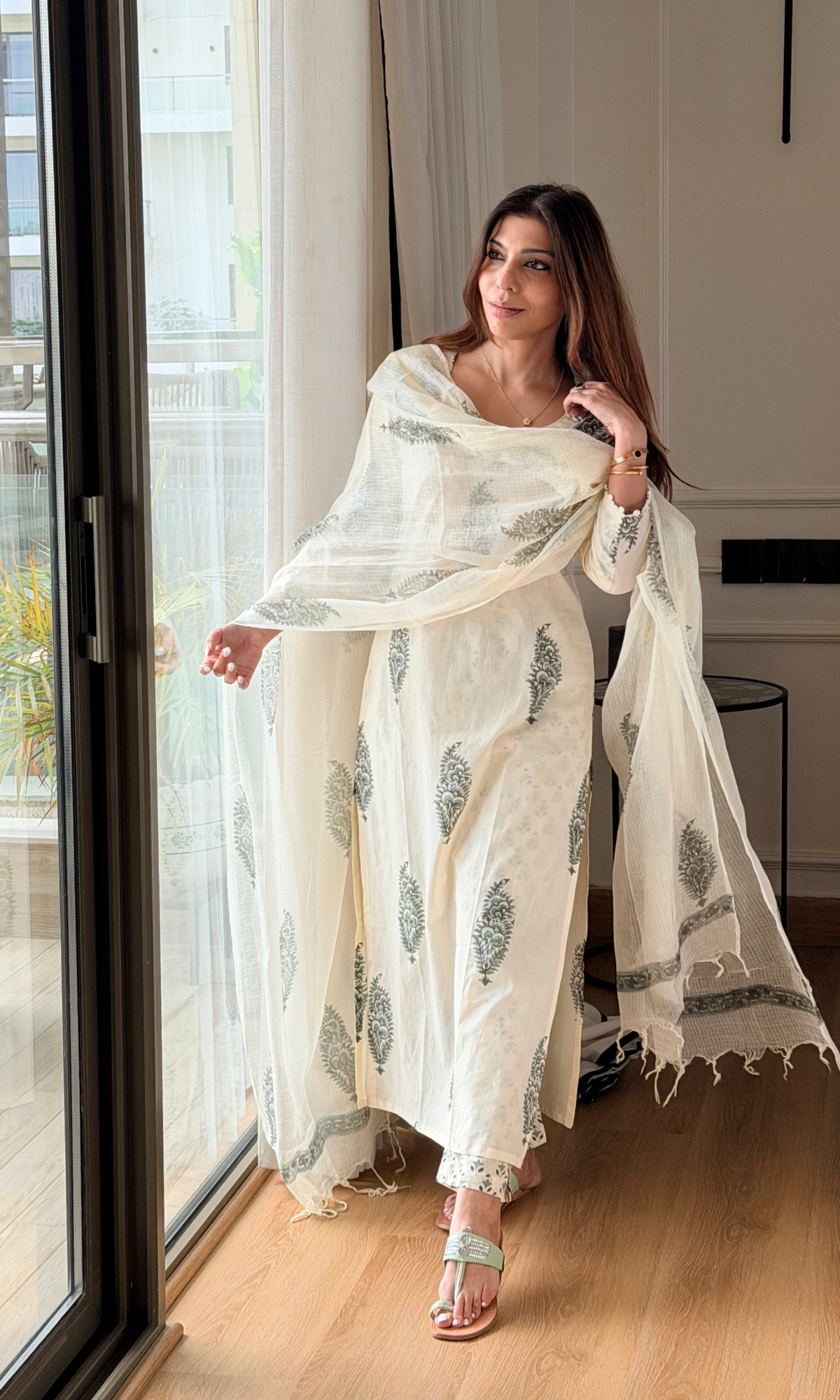 Sage Mughal Leaf Print Kurta, Printed Pants & Kota Doria Handblock Dupatta