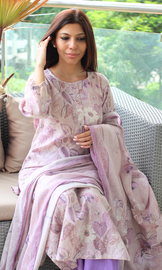 Duchessé Pink Linen Blend Printed Kurta , Dupatta & Cotton Bottoms