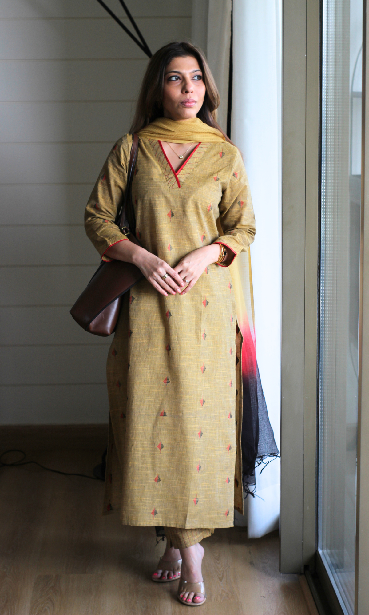 Copper & Red Handloom Cotton Dobby Kurta, Pant & Kota Doria Ombre Dupatta