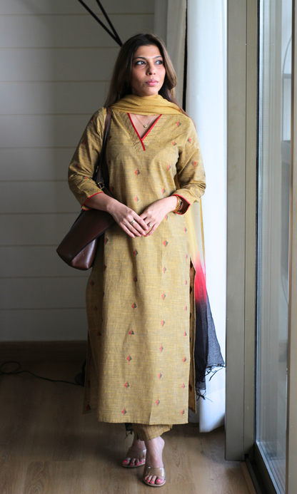 Copper & Red Handloom Cotton Dobby Kurta, Pant & Kota Doria Ombre Dupatta