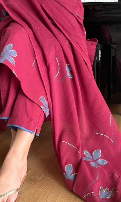 Berry & Blue Cotton Handbrush Painted Kurta, Dupatta & Cotton Pants