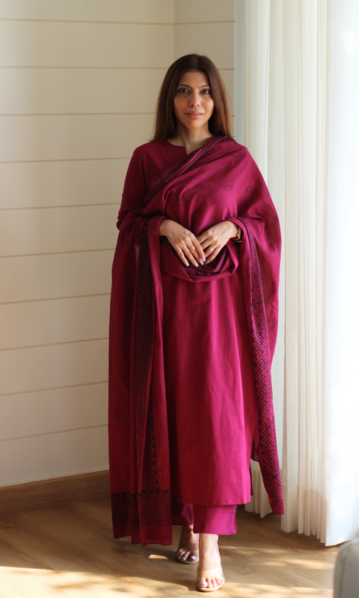 Cotton Slub Merlot Suit  with Mul Line Wave Dupatta
