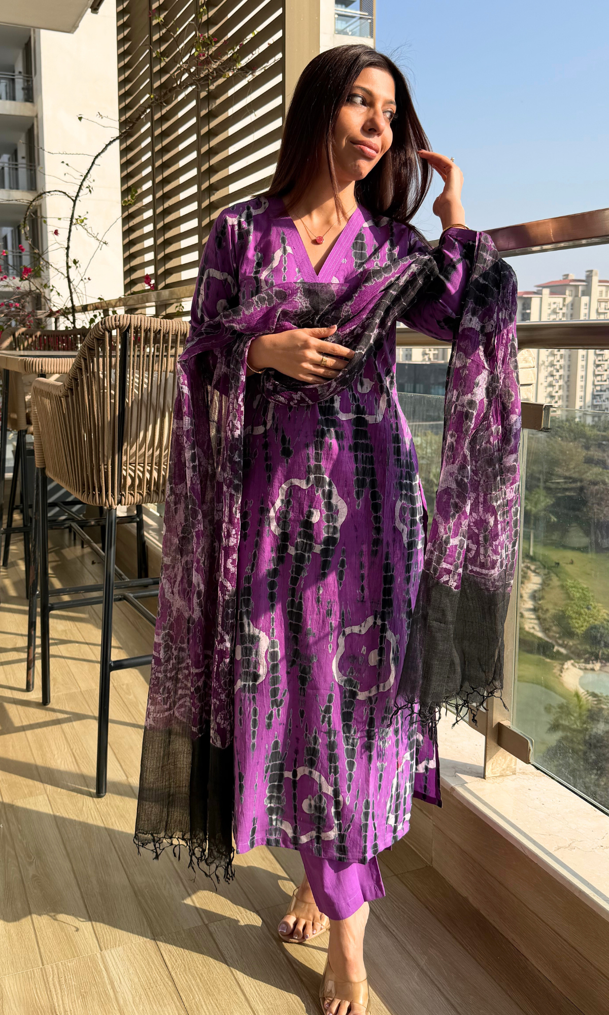 Cotton Purple & Black Tie & Dye Suit with Chiffon Tie & Dye Dupatta
