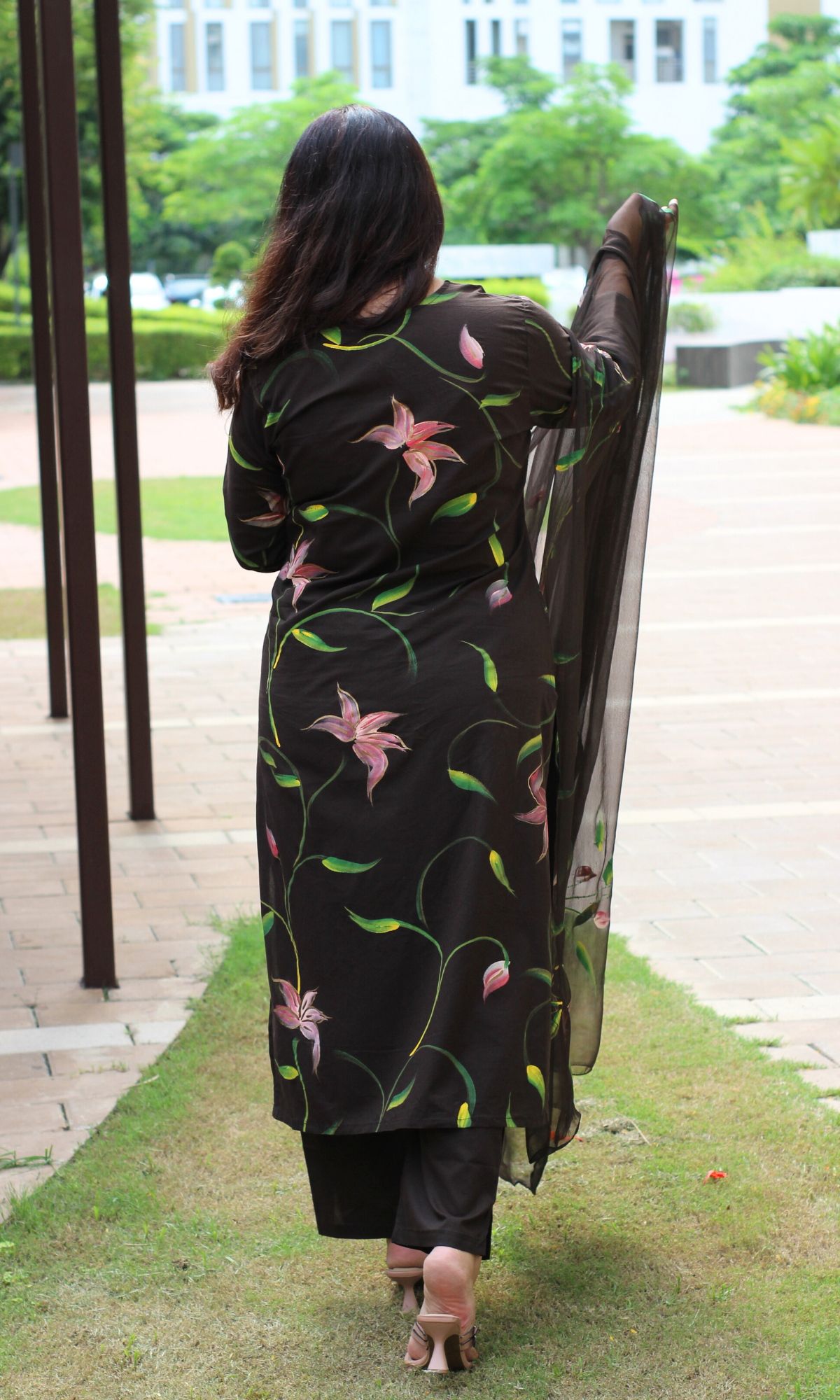 Chocolate Brown Handbrush Painted Kurta, Cotton Pants & Chiffon Handpainted Dupatta