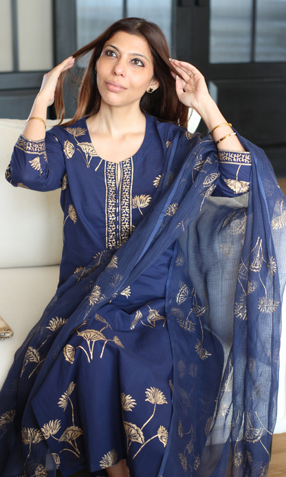 Navy Rangreza Gold Handblock Mughal Print Kurta, Cotton Pants & Kota Doria Dupatta