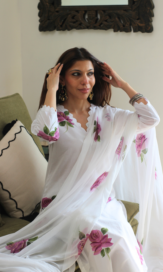 Cotton White Gulaab Handbrush Painted Kurta, Pant & Chiffon Handpainted Dupatta