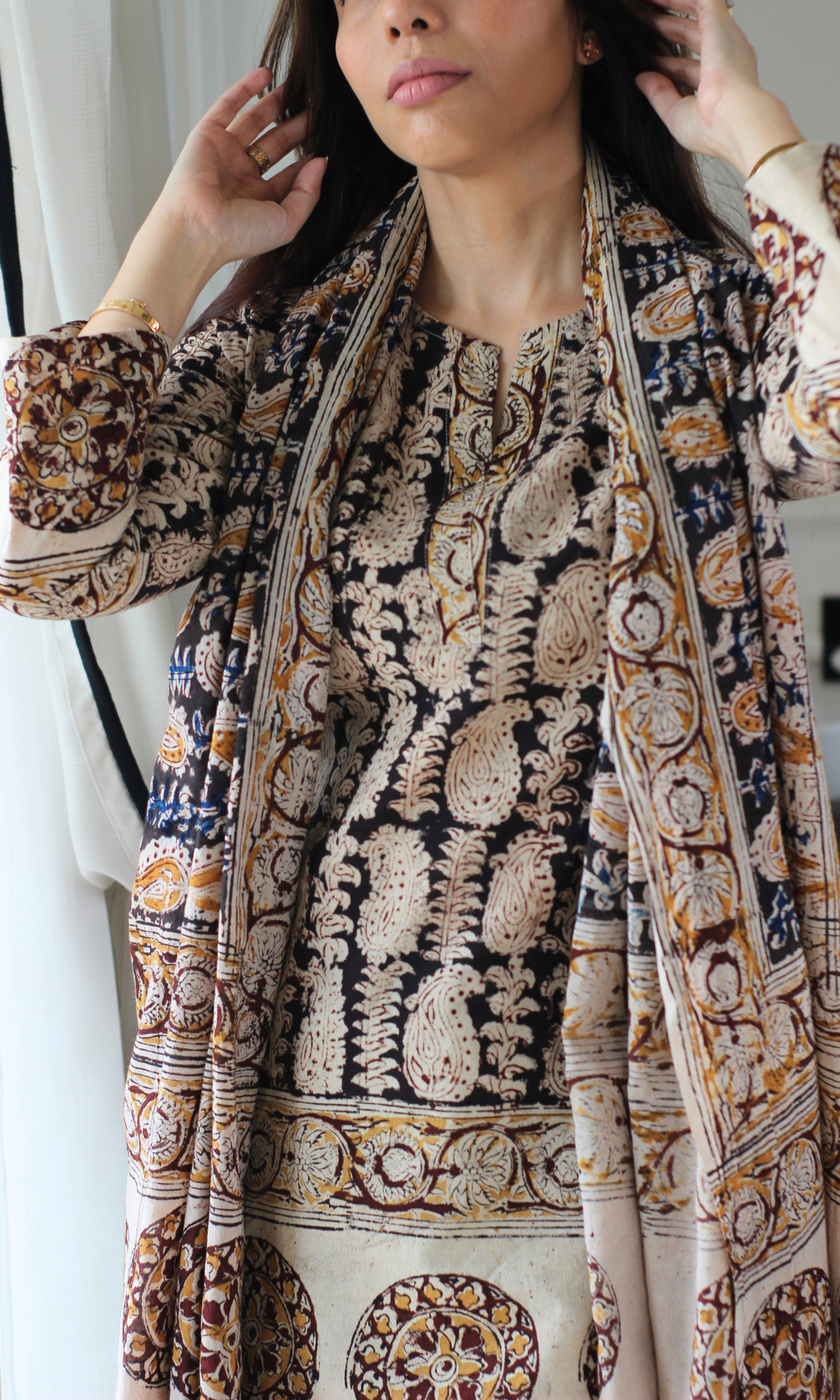 Black Paisley Handblock Kalamkari Kurta , Dupatta & Cotton Farshi Salwaar