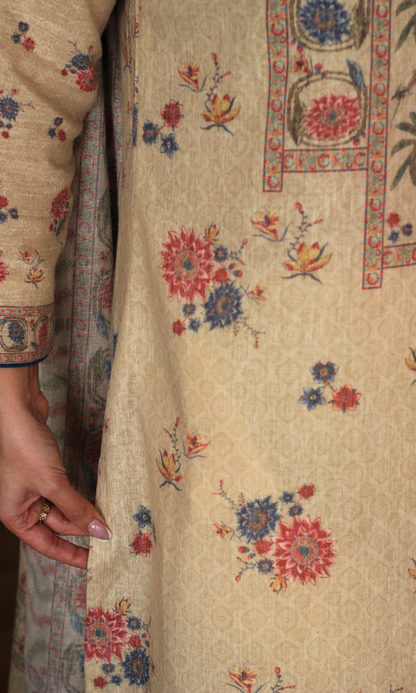 Beige Paradise Linen Blend Kurta, Dupatta & Cotton Pants